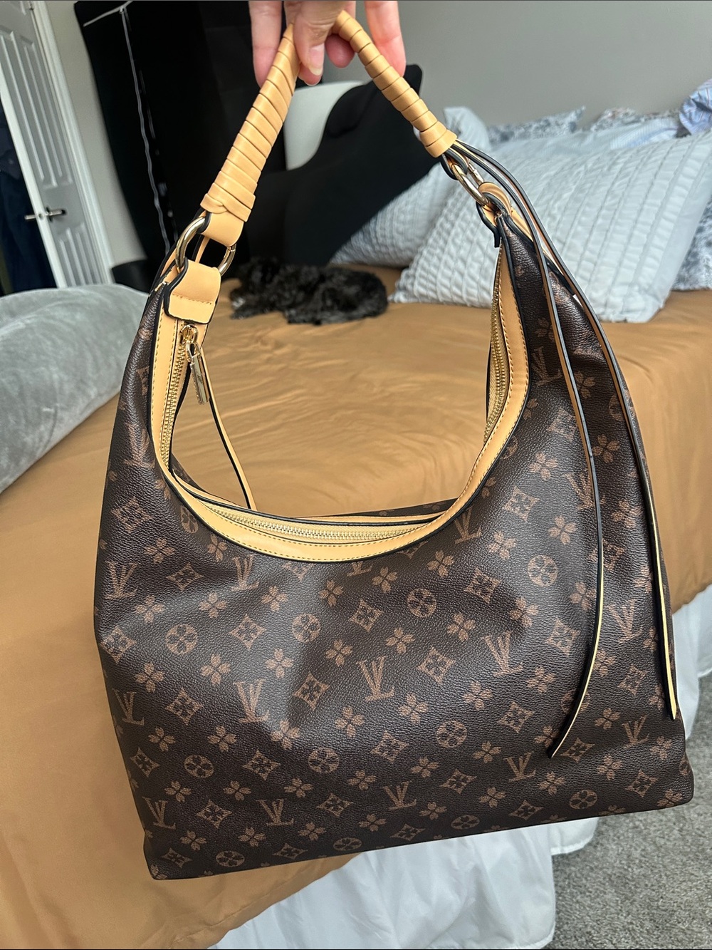 Monogram Hobo Shoulder Bag in Brown with Tan Trim {NOT DESIGNER}